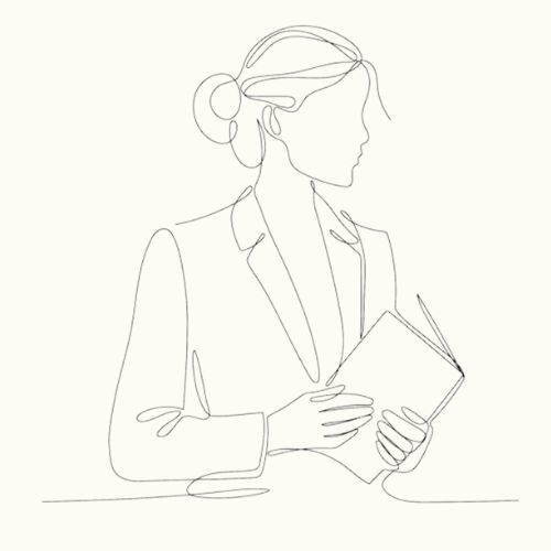 L'image présente une illustration minimaliste d'une femme en costume, réalisée en une seule ligne continue. Elle tient un livre ouvert dans ses mains et regarde vers la droite. Le style épuré et fluide donne une impression de professionnalisme et de concentration, évoquant une personne en pleine réflexion ou en train de lire.