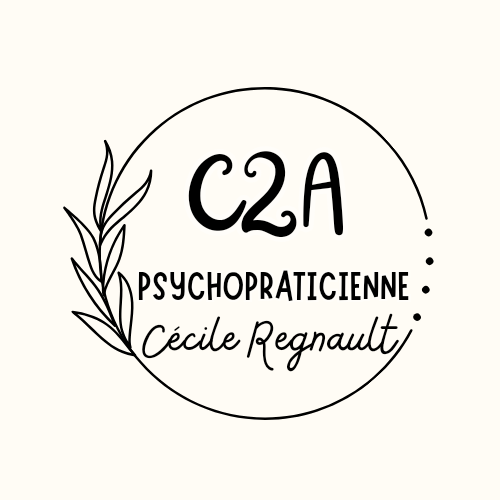 L'image présente un logo circulaire avec les textes "C2A", "Psychopraticienne", et "Cécile Regnault" inscrits à l'intérieur du cercle. Le texte "C2A" est placé en haut avec une police arrondie et fluide, tandis que "Psychopraticienne" et "Cécile Regnault" sont alignés en dessous dans une police plus stylisée et manuscrite. À gauche du cercle, des motifs de feuilles apportent une touche naturelle et organique. Le design est épuré et élégant, suggérant une atmosphère professionnelle et apaisante, en accord avec la pratique de la psychothérapie.