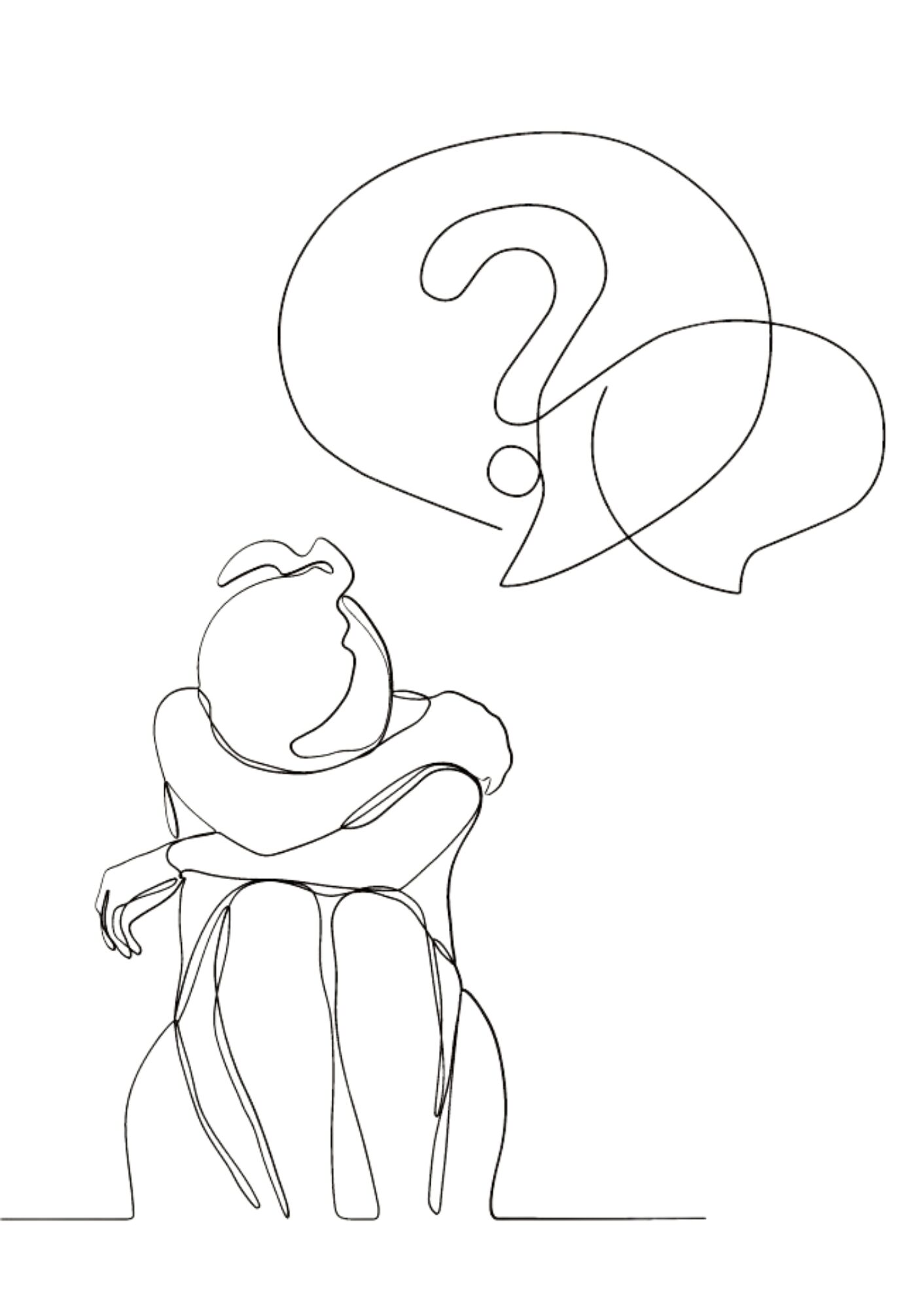 L'image montre un dessin minimaliste en ligne continue d'une personne assise, les bras enroulés autour de ses genoux, la tête inclinée, donnant une impression de réflexion ou de détresse. Au-dessus de la figure, deux bulles de discussion se chevauchent, l'une contenant un point d'interrogation, symbolisant des questions ou des pensées confuses. Le style fluide et épuré de l'illustration reflète un sentiment d'incertitude ou de questionnement intérieur.