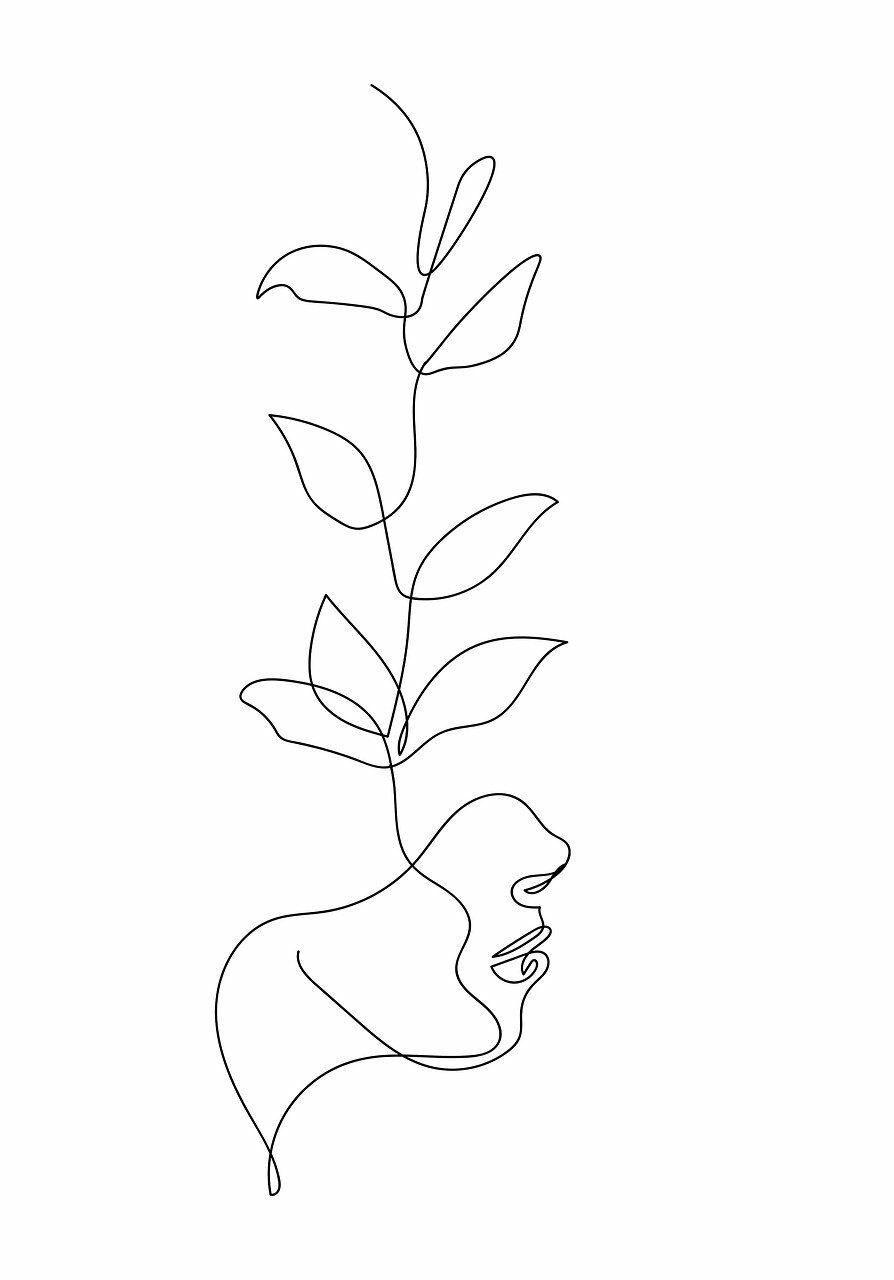 L'image montre un dessin minimaliste réalisé en une seule ligne continue, représentant un profil de visage humain stylisé en bas à droite, d'où semble pousser une plante avec des feuilles qui s'élève vers le haut. Le visage et la plante sont connectés, symbolisant peut-être la croissance personnelle, la connexion entre la nature et l'humain, ou le développement intérieur. Le style fluide et épuré donne une impression de douceur et d'harmonie.